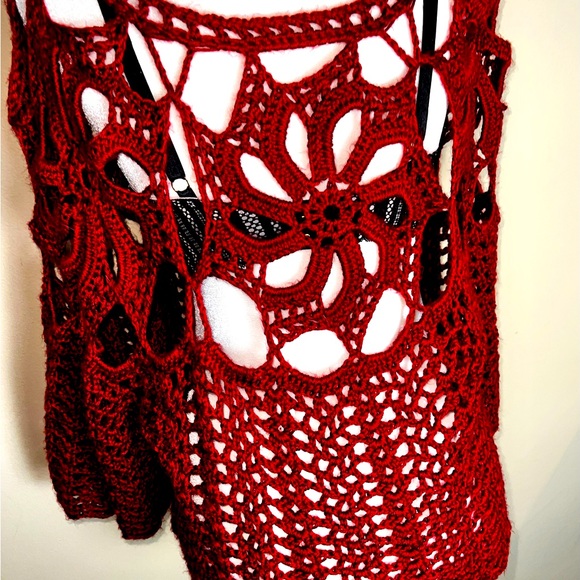 Red Hand Crochet Bell Sleeves Sweater! Size Large - Picture 6 of 15